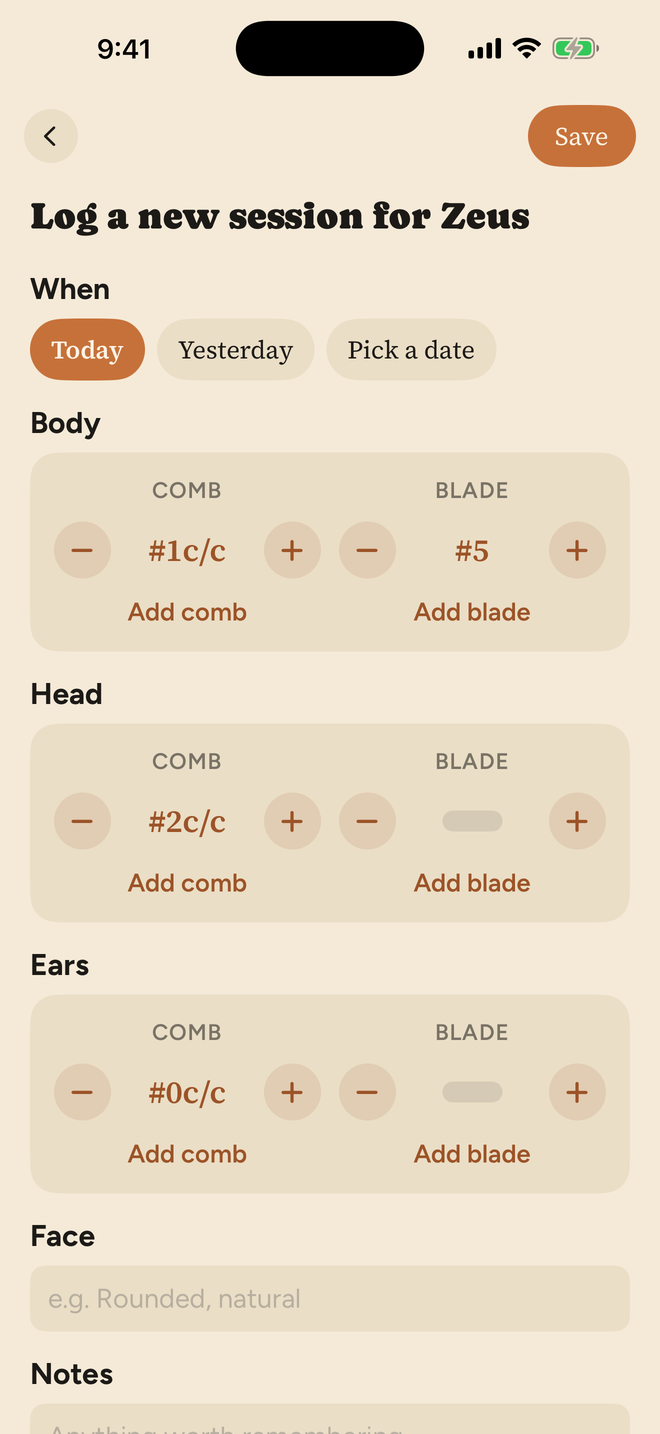 The groom editor: comb and blade for Body, Head and Ears, with last time underneath